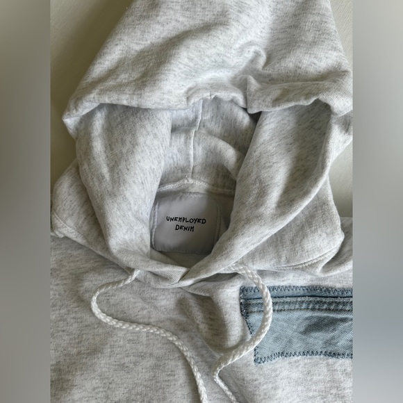 Unemployed Denim Gray Cropped Hooded Sweatshirt w/ Denim Patches - Picture 5 of 6